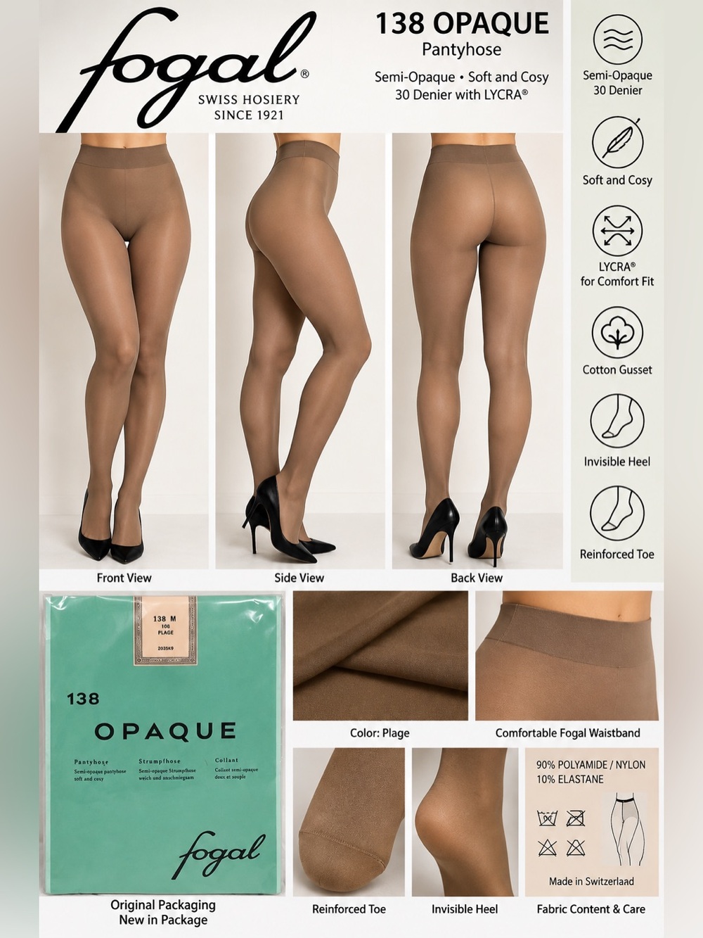 Fogal 138 Opaque Pantyhose Women’s M 108 Plage 30 Denier Made Switzerland NIP